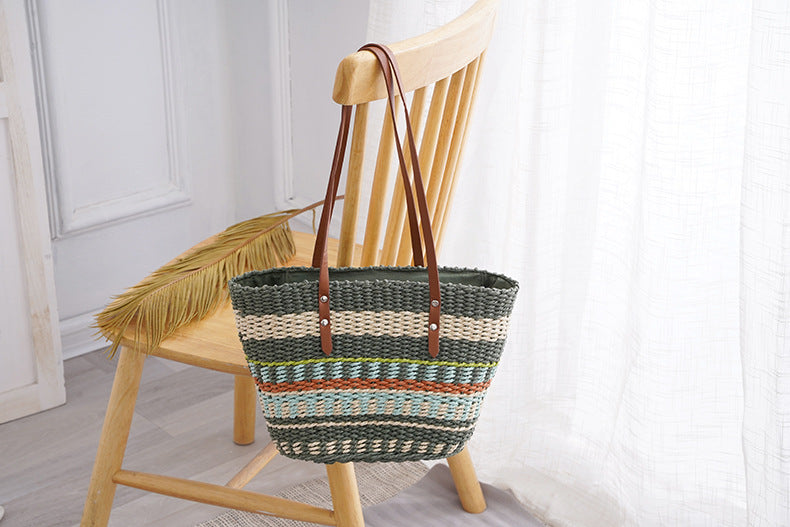 Colorful striped grass woven bag with soft leather handle, women's large capacity tote bag, fashionable and trendy woven bag, vegetable basket