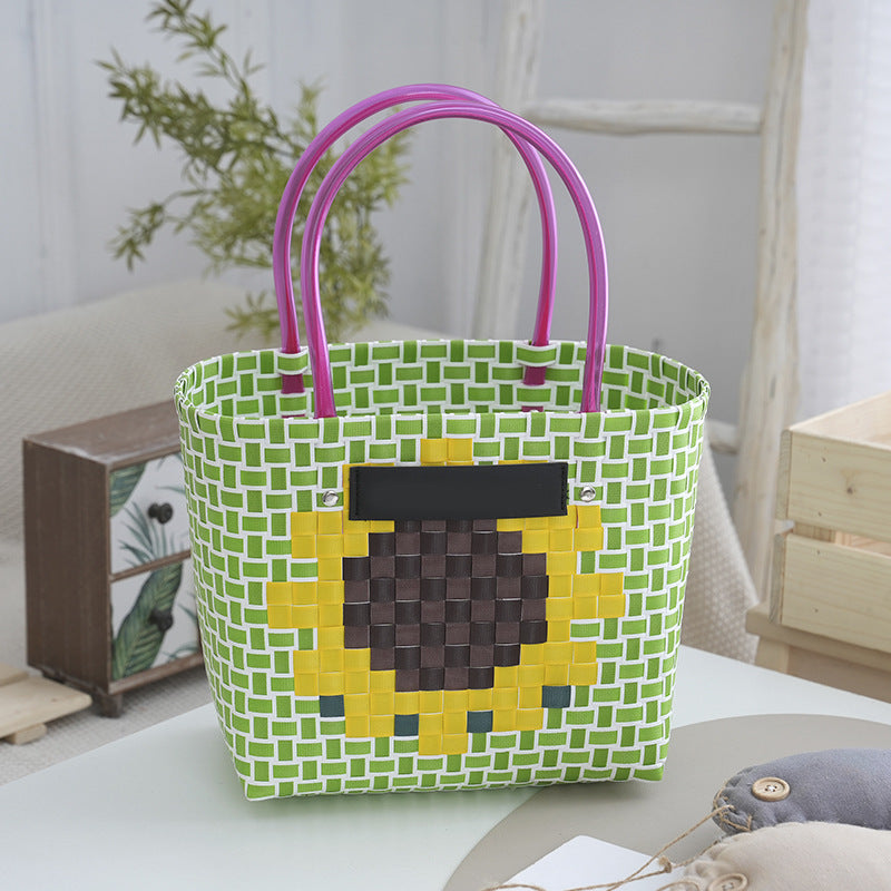 Bohemian Basket with Grid Sunflower Pattern Plastic Weaving Basket Handheld Casual Straw Woven Bag Chessboard Pattern Beach