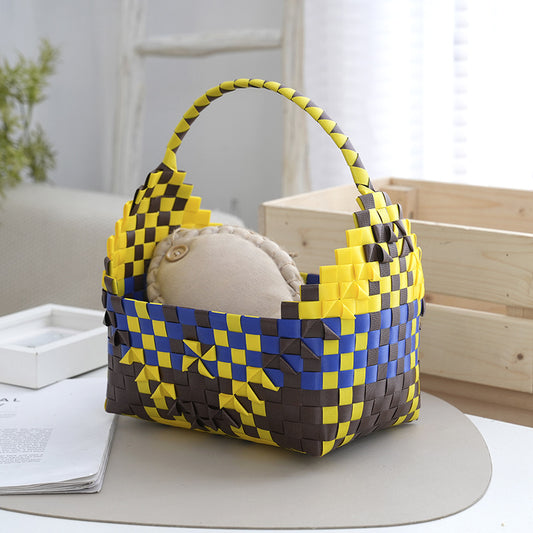 New Handmade Woven Dumpling Bun, Women's Handheld Storage Bag, Fresh Plaid Plastic Woven Handheld Basket, Flower Basket