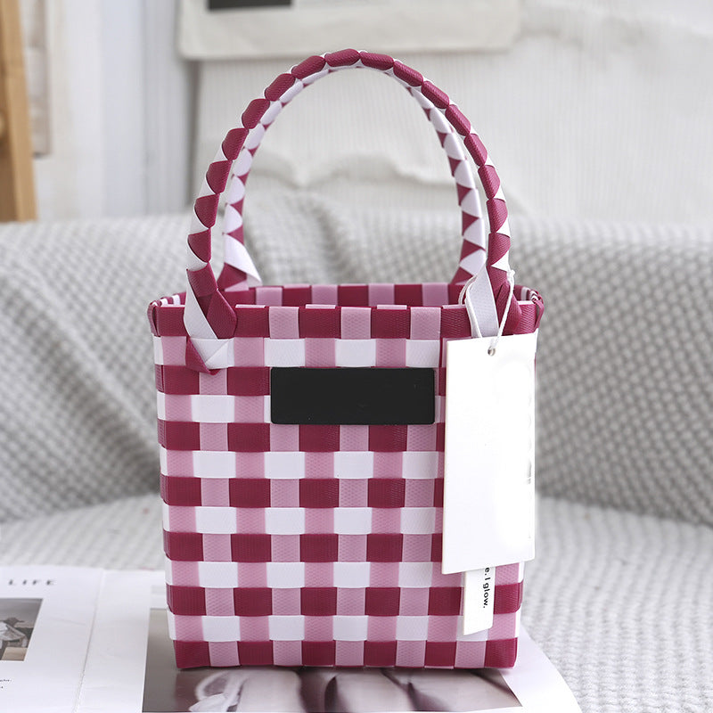 Vegetable Basket Bag Grid Pattern Color Contrasting Plastic Woven Bag Hand Woven Handbag In Stock Multi Color Grass Woven Bag Bath Basket