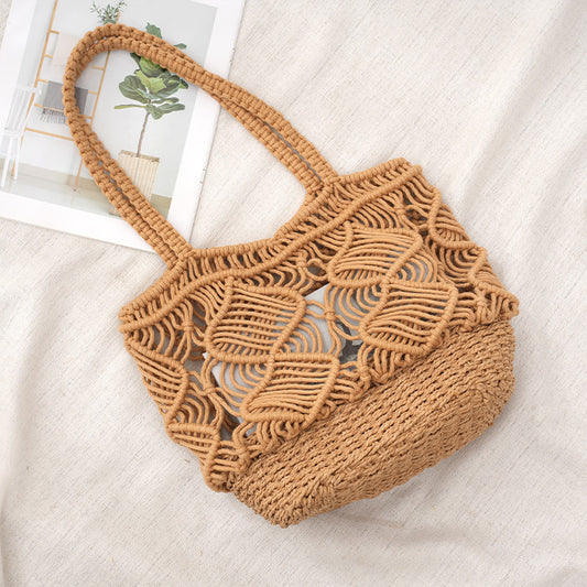 Daily commuting hollow woven bag, large capacity cotton rope shoulder bag, leisure shopping vacation versatile bag for women