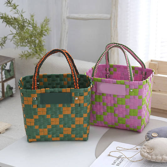 Hand woven bag 2025 new splicing grid handbag large capacity vegetable basket shopping bag