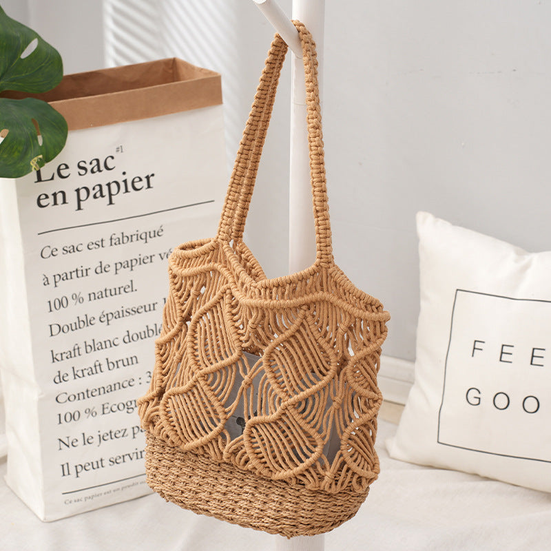 Daily commuting hollow woven bag, large capacity cotton rope shoulder bag, leisure shopping vacation versatile bag for women