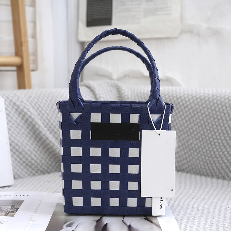 Vegetable Basket Bag Grid Pattern Color Contrasting Plastic Woven Bag Hand Woven Handbag In Stock Multi Color Grass Woven Bag Bath Basket