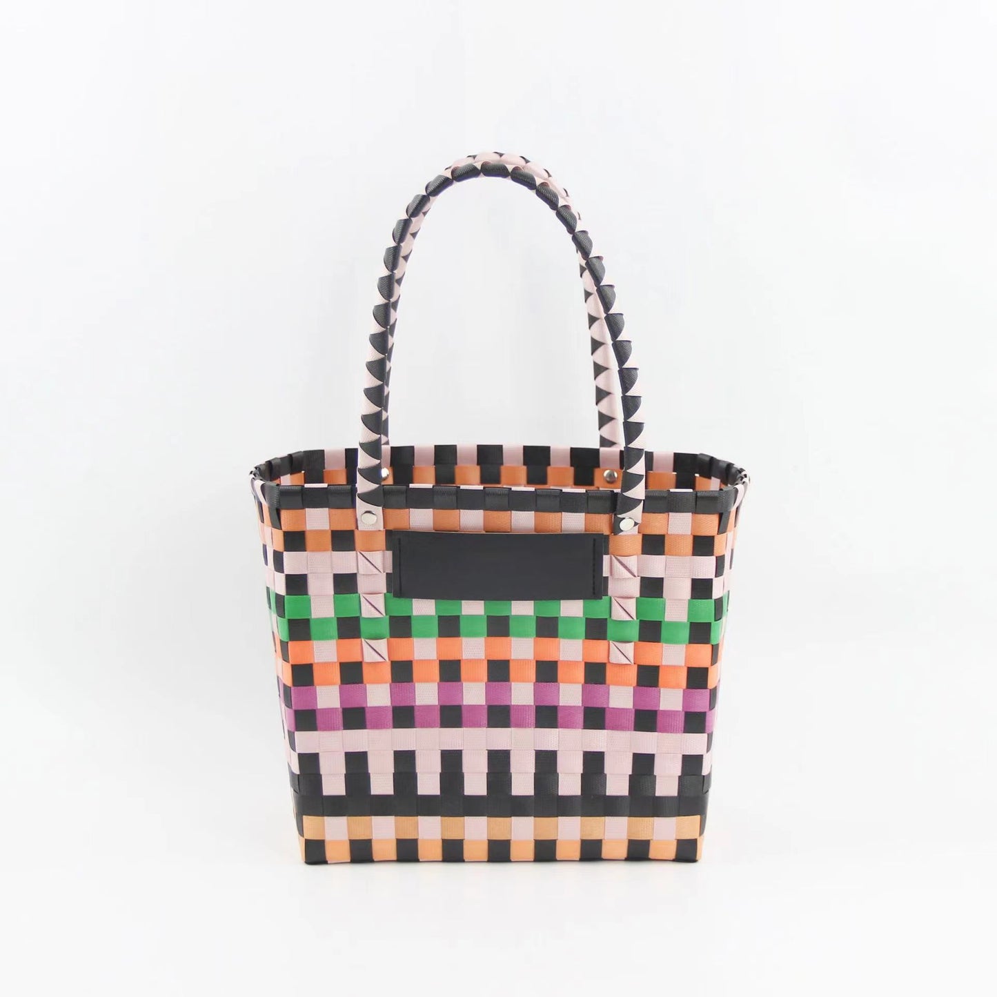 Vegetable Basket Bag Hand woven Color blocked Plastic Woven Shopping Basket Handbag Camping Picnic Basket Bath Basket