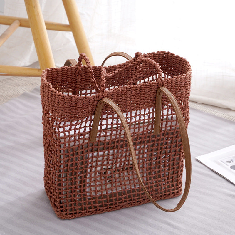 Korean style retro large capacity woven bag hollowed out handbag fashionable shoulder bag holiday travel tote bag