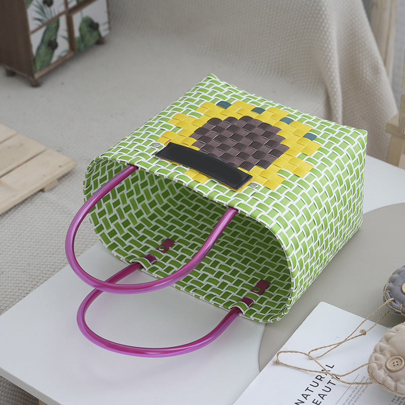 Bohemian Basket with Grid Sunflower Pattern Plastic Weaving Basket Handheld Casual Straw Woven Bag Chessboard Pattern Beach