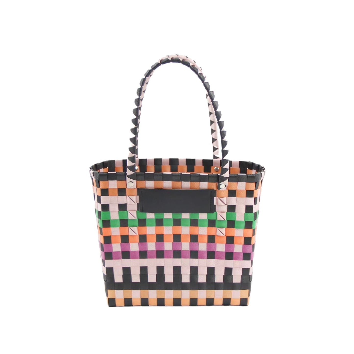 Vegetable Basket Bag Hand woven Color blocked Plastic Woven Shopping Basket Handbag Camping Picnic Basket Bath Basket