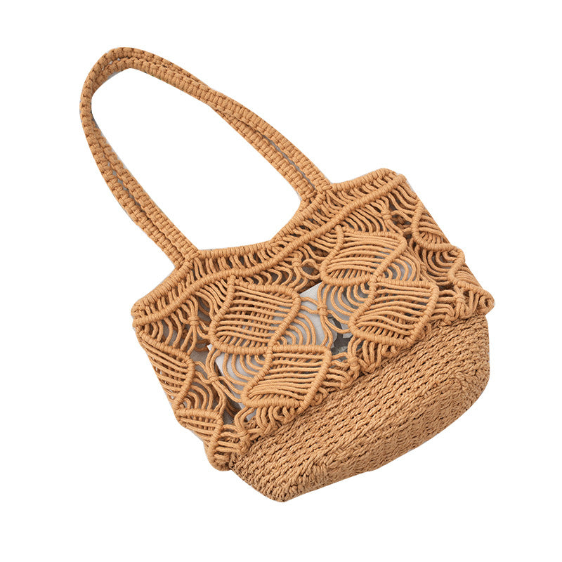 Daily commuting hollow woven bag, large capacity cotton rope shoulder bag, leisure shopping vacation versatile bag for women