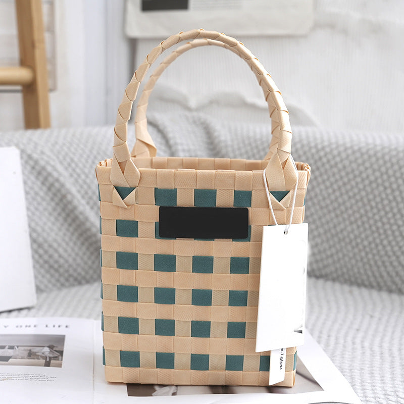 Vegetable Basket Bag Grid Pattern Color Contrasting Plastic Woven Bag Hand Woven Handbag In Stock Multi Color Grass Woven Bag Bath Basket