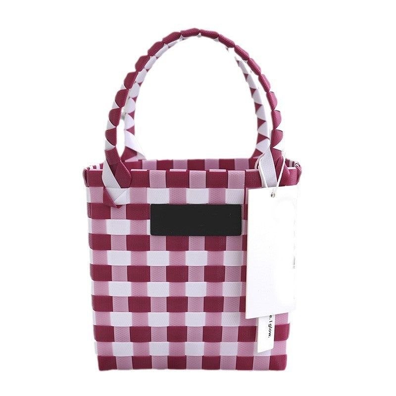 Vegetable Basket Bag Grid Pattern Color Contrasting Plastic Woven Bag Hand Woven Handbag In Stock Multi Color Grass Woven Bag Bath Basket