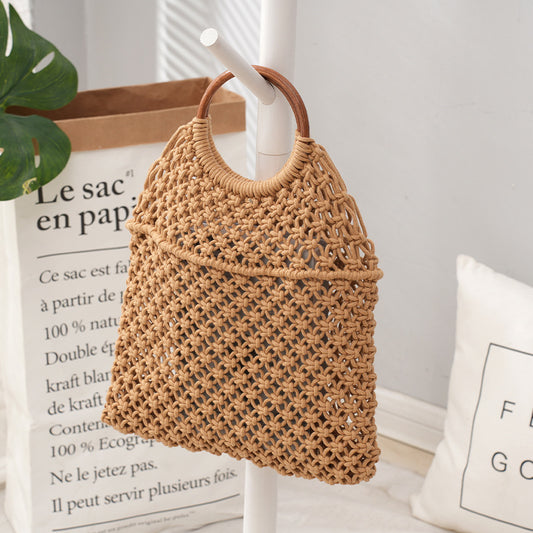 Solid color hand woven bag, forest style grass woven bag, hard handle, cotton rope mesh bag, hollowed out square handbag