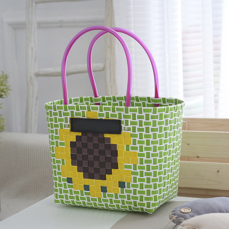 Bohemian Basket with Grid Sunflower Pattern Plastic Weaving Basket Handheld Casual Straw Woven Bag Chessboard Pattern Beach