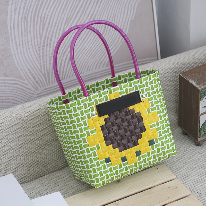 Bohemian Basket with Grid Sunflower Pattern Plastic Weaving Basket Handheld Casual Straw Woven Bag Chessboard Pattern Beach