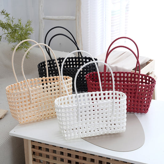 New plastic woven vegetable basket bag, hand-held women's bag, vacation and leisure handmade bag, beach bag, snack bag, bath basket