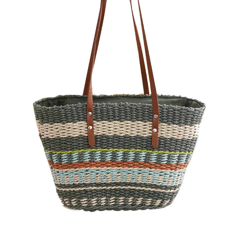 Colorful striped grass woven bag with soft leather handle, women's large capacity tote bag, fashionable and trendy woven bag, vegetable basket