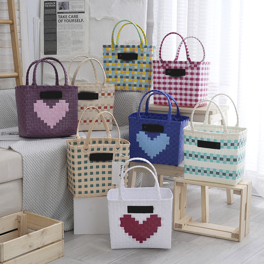 New plastic hand woven vegetable basket bag, hand-held women's bag, vacation leisure handmade bag