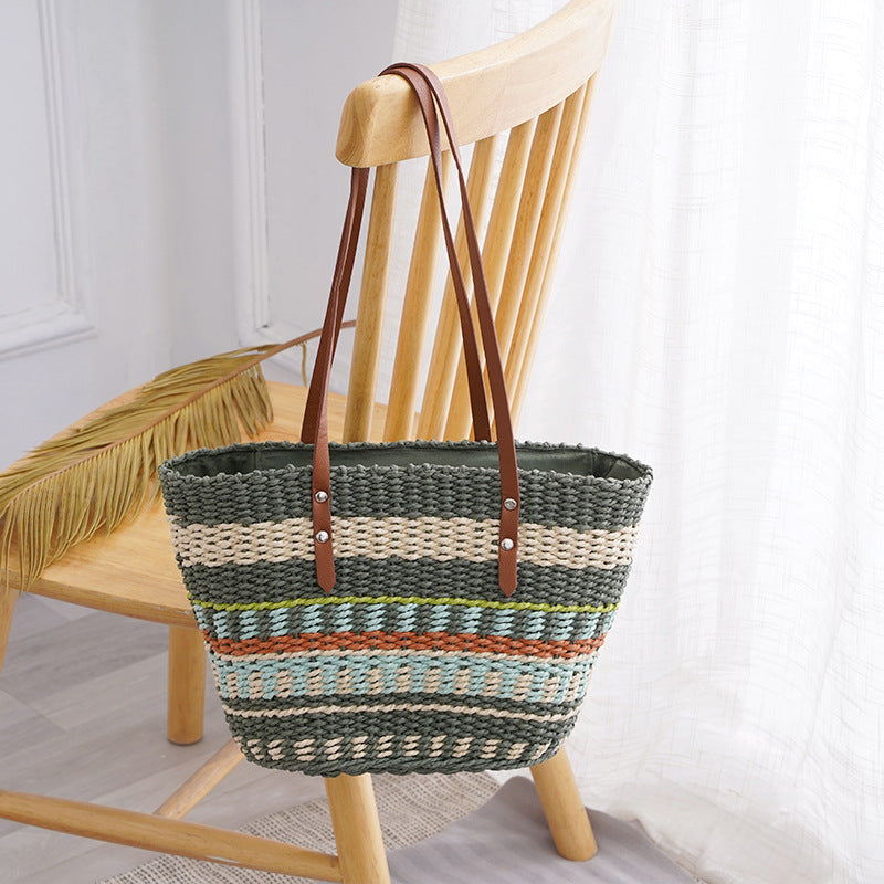 Colorful striped grass woven bag with soft leather handle, women's large capacity tote bag, fashionable and trendy woven bag, vegetable basket