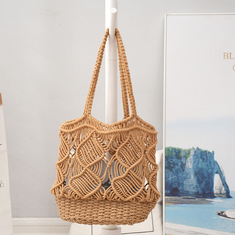 Daily commuting hollow woven bag, large capacity cotton rope shoulder bag, leisure shopping vacation versatile bag for women