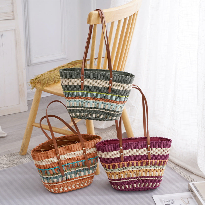 Colorful striped grass woven bag with soft leather handle, women's large capacity tote bag, fashionable and trendy woven bag, vegetable basket