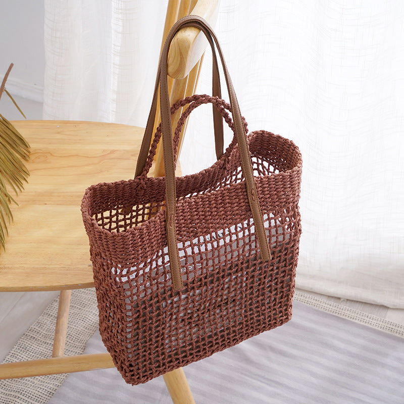 Korean style retro large capacity woven bag hollowed out handbag fashionable shoulder bag holiday travel tote bag